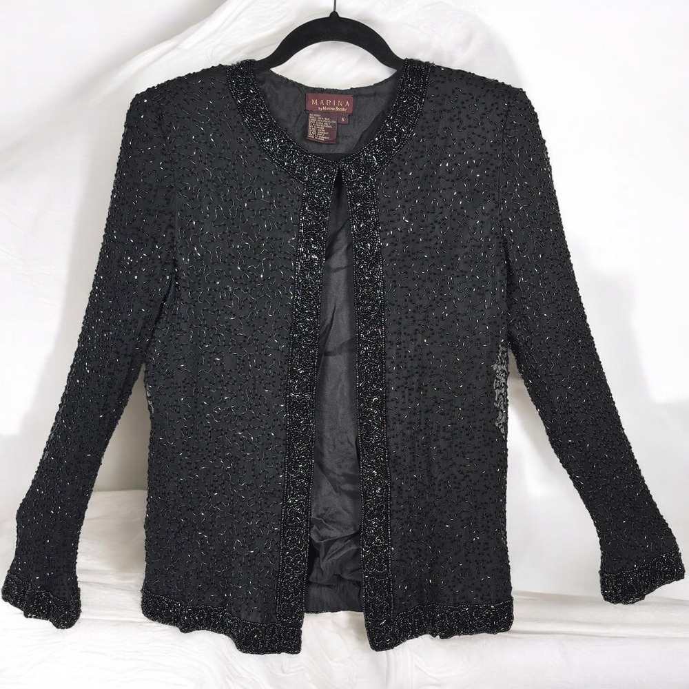 VTG Marina by Marina Bresler Black Beaded Silk Jacket Blazer Evening Woman Small